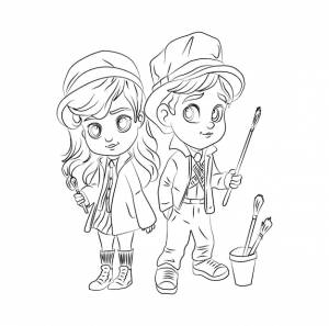 страница раскраски веселая маленькая девочка и мальчик художники