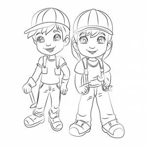 страница раскраски веселая маленькая девочка и мальчик рабочие
