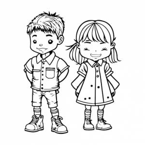 Вектор мальчика и девочки, рисующего очертания детской черно-белой книжки- раскраски