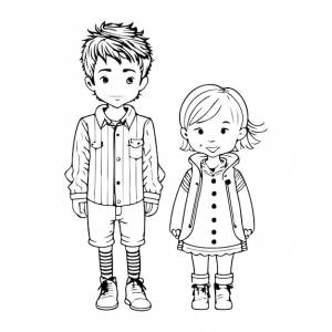 Мальчик и девочка рисуют контуры детской черно-белой книжки-раскраски