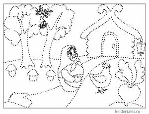 Матрешка у домика по точкам» раскраска для детей