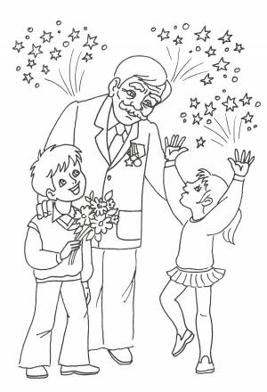 Раскраска Ветеран с детьми в День Победы