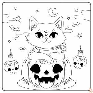 Жуткое веселье с кошкой на Хэллоуин Раскраски