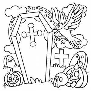 Раскраска вороны на кладбище хэллоуин