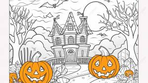 Раскраска Хэллоуин с домом Хэллоуина и тыквами,  раскрасить картинку на хэллоуин фон картинки и Фото для й загрузки