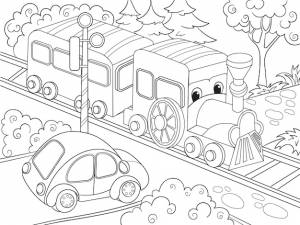 Мультяшный поезд поезд и автомобиль раскраска для детей мультфильм векторные иллюстрации