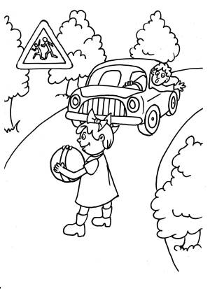 Дорожные знаки, осторожно дети, дорога, девочка с мячом на дороге, машина, водитель выглядывает из окна автомобиля, деревья Распечатать раскраски для мальчиков