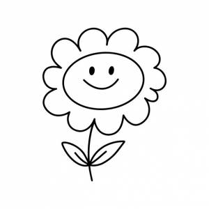 Цветок ромашки с лепестками на стебле с листьями с глазами и улыбкой каракули линейной раскраски мультфильма