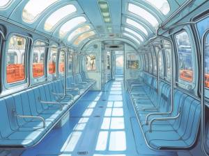 Рисунок вагона метро со словами «поезд» слева