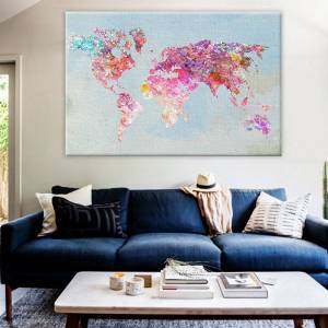 Настенная карта мира, рисунок на холсте, украшение для дома, чисто-розовый цвет