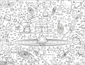 Раскраска Котята в космосе ID Wall
