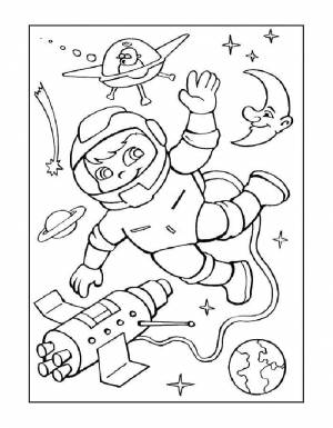 Раскраски Раскраска Юный космонавт в космосе День космонавтики