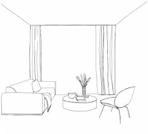 Ручной рисунок интерьера комнаты диванный стол и стул