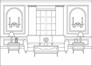 Интерьер комнаты линейная гостиная раскраска черно-белый эскиз в классическом стиле с окном