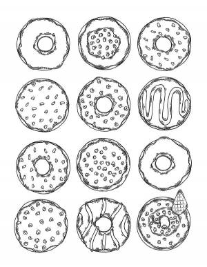 Раскраска Большой выбор свежих пончиков