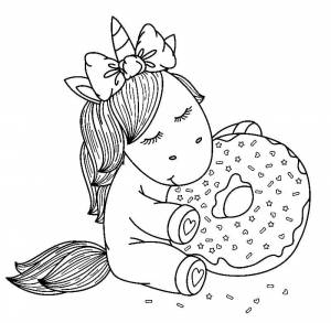 Раскраска Единорог кушает пончик