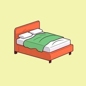 Мультяшный рисунок кровати с зеленым одеялом