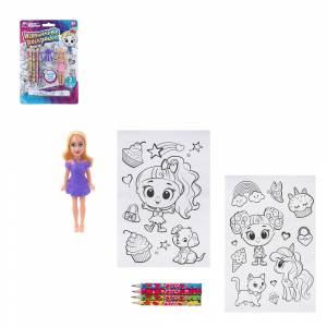МЕШОК ПОДАРКОВ Кукла мини, раскраска, 4 карандаша, PVC, дерево, бумага, 14х22,5х3 см, 3 дизайна