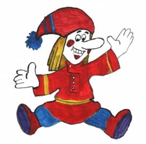 Детские рисунки персонажа Петрушки цветными карандашами