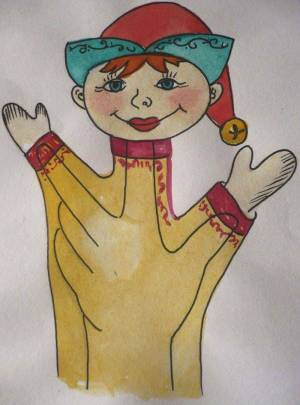 Детские рисунки персонажа Петрушки, выполненные цветными карандашами