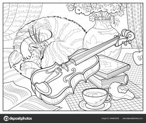 Натюрморт Скрипкой Спящей Кошкой Раскраска Детей Взрослых Изображение Стиле Дзен Векторное изображение ©Nataljacernecka 566683508