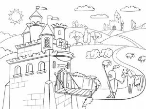Раскраска Старый замок и рыцарь