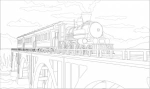 Раскраска с 3d моделью поезда на мосту