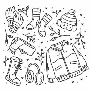 Зимняя одежда и предметы первой необходимости рисованной раскраски каракули