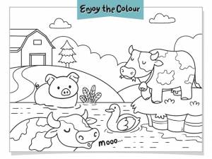 Раскраска животноводческая ферма с коровами, свининой, свиньей и уткой