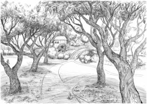 Иллюстрация яблоневый сад в стиле графика