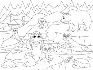Пейзаж северного полюса и дикие животные векторная страница для детской раскраски для печати