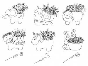 Большой набор векторных линий искусства милые цветочные горшки каракули страницы раскраски