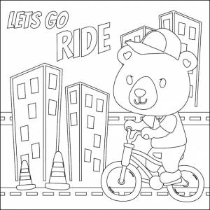 Милый медвежонок катается на велосипеде модная детская графическая книжка- раскраска
