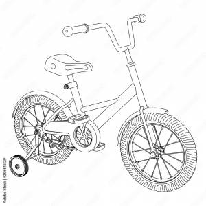Детский велосипед со съемными тренировочными колесами, контурный векторный рисунок на белом фоне Stock Vector
