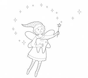 Милая зубная фея с волшебной палочкой и большим зубом контурная линейная иллюстрация раскраски для детей