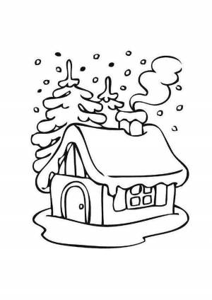 Раскраски, Зимний домик и елки