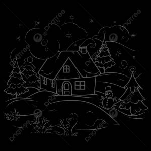 рисунок зимний домик со снеговиком и деревьями раскраски наброски эскиз вектор PNG , рисунок дерева, рисунок дома, рисунок крыла PNG картинки и пнг рисунок для й загрузки