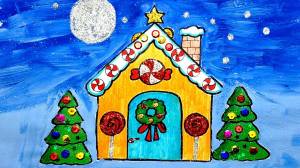 How to draw a snow-covered House of Santa Claus for the New Year 2020 and Christmas