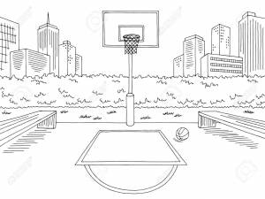 Basketball Court Street Sport Graphic Black White City Landscape Sketch Illustration Vector Клипарты, SVG, векторы, и Набор Иллюстраций Без Оплаты Отчислений