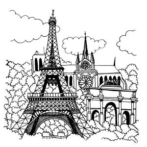 Обои-раскраски «Эйфелева башня с достопримечательностями Парижа»