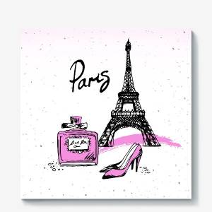 Холст «Рисунок Эйфелевой башни, туфель и духов в черном и розовом цветах с надписью Париж»