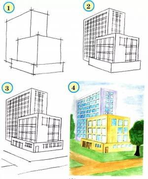нарисовать здание карандашом поэтапно