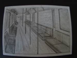 Пустой вагон в метро нарисованный с помощью карандаша