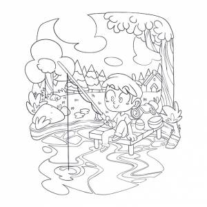 Детская раскраска рыбалка в стиле doodle line art премиум векторы
