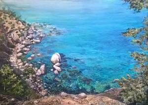 морской пейзаж вид на море горы камни лазурная вода сосны кипр природа картина маслом мастер-классы