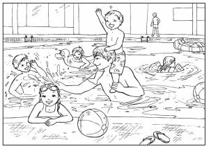 Раскраски Раскраска Папа купается с детьми в бассейне спорт