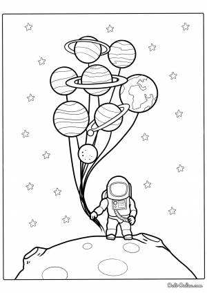 Раскраска Космонавт держит в руке шарики-планеты