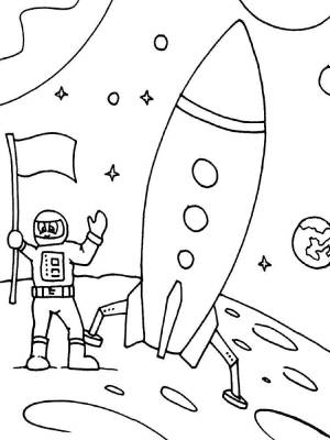 Раскраски Раскраска Ракета и космонавт на луне День космонавтики детские
