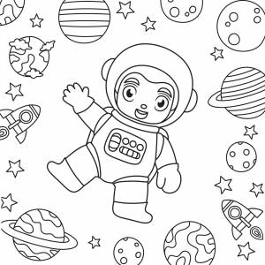 Раскраска Маленький космонавт в космосе