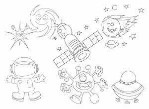 Раскраски Раскраска Космонавт звезды спутник инопланетянин космический корабль комета в космосе космос